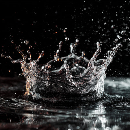 Water splash isolated on black background with drops of water flying and splashing
