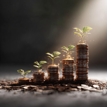 Investment concept, Coins graph with green plant growing from pile of coins