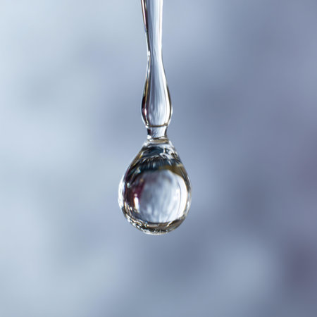 A drop of water dripping from a pipette. Close-up.