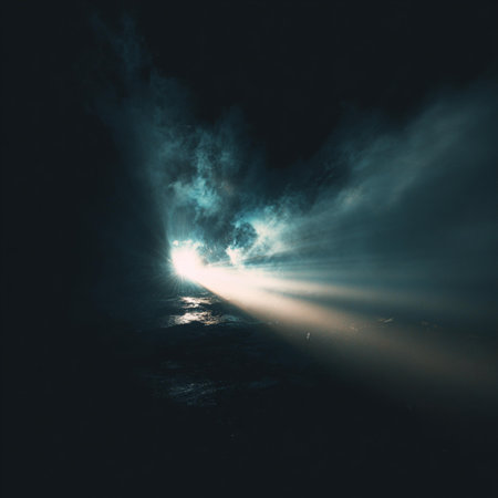 abstract scene with light rays from behind the clouds in the dark