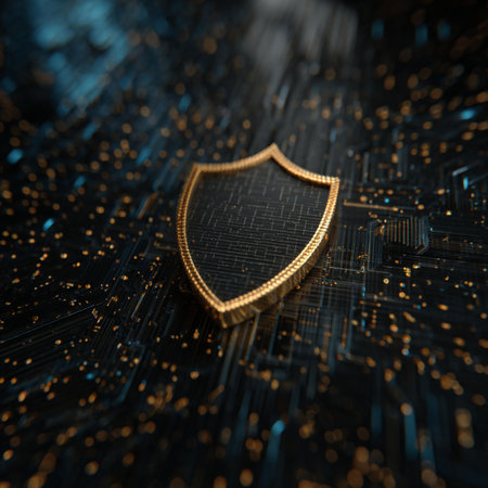 Cyber security concept. Golden shield on circuit board background. 3d illustration