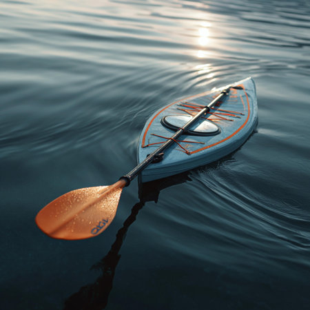 Kayak on the lake at sunset. 3D render. Conceptual image.