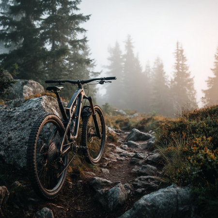 Mountain bike on the trail in the mountains. Adventure and sport concept.