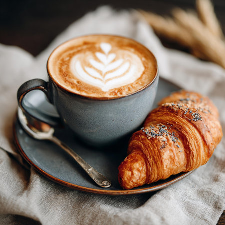 Coffee cup with croissant on a wooden background.