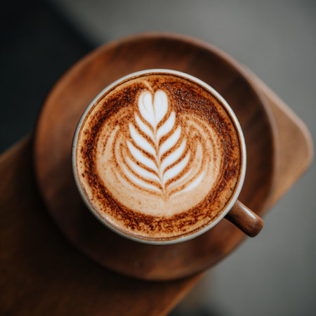 Coffee cup with latte art on wooden table, stock photo