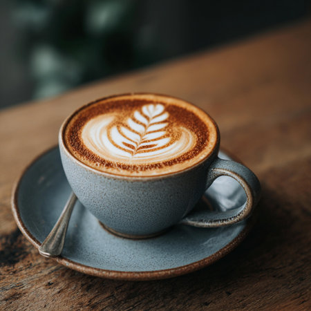 Coffee cup with latte art on wooden table in cafe