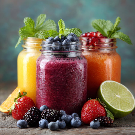 Healthy smoothies with berries and mint in glass jars, selective focus