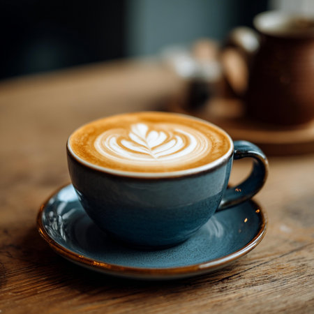 Coffee cup with latte art on wooden table in coffee shop