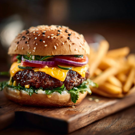 Cheese burger - American cheese burger with Golden French fries on wooden board