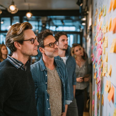 multiethnic business colleagues looking at sticky notes on wall in office