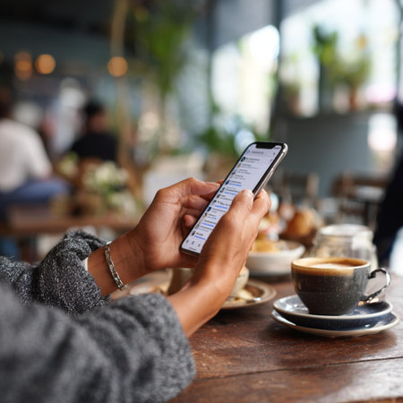 Close up of female hands using mobile phone in a coffee shop.