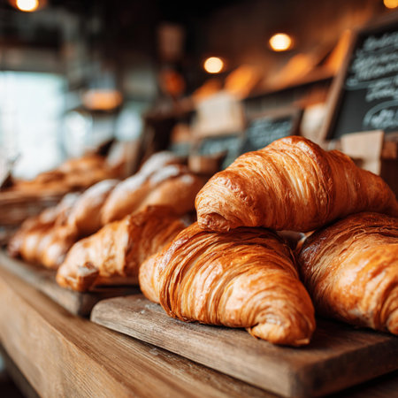 Freshly baked croissants on a wooden counter in a bakery