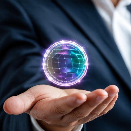 Businessman hand holding a hologram globe in front of him.