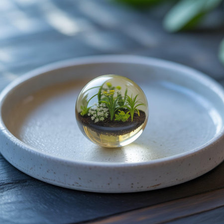Glass globe with green plants inside on wooden table. Nature concept.