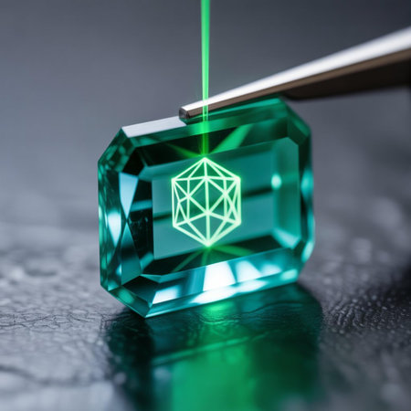 3D illustration of a green crystal on a dark background with a sharp knife