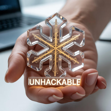 Female hands holding a transparent snowflake on the background of a laptop.