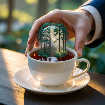 A cup of tea with a forest in the shape of a globe