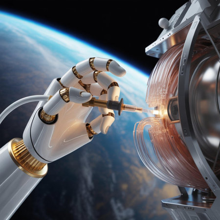 3D rendering robotic hand with cable in space against the background of the earth