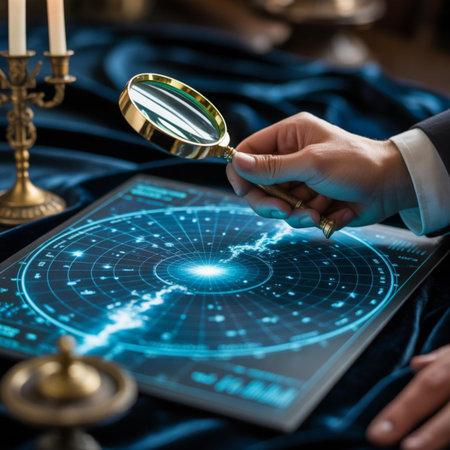 Businessman working with a magnifying glass on the stock market chart