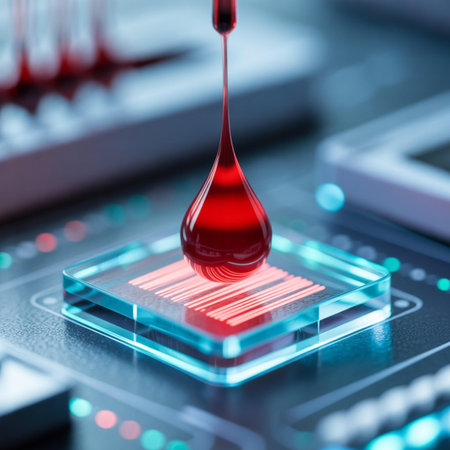 Blood drop on the control panel. 3d illustration. Blurred background.