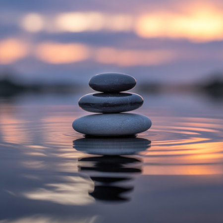 zen stones on the water at sunset, meditation and relax concept.