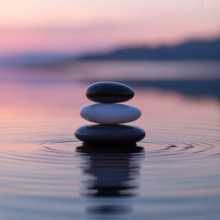 zen stones on water at sunset, meditation and relax concept, harmony and balance
