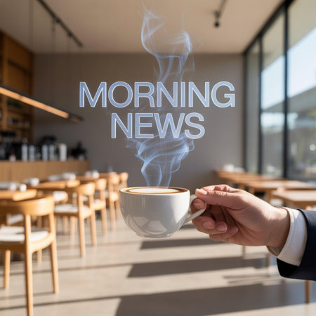 cropped view of businessman holding cup of coffee in cafe with morning news lettering