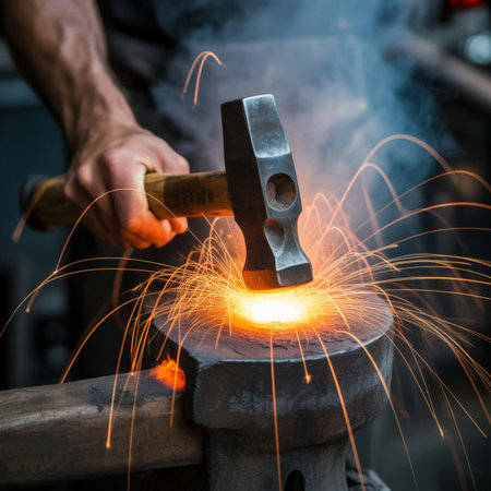 Close-up of a welder working with a hammer in a workshop