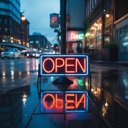 Open sign on a wet street at night, London, UK.
