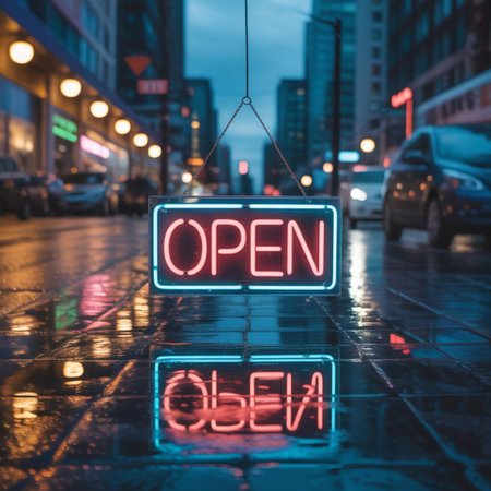 Neon open sign on wet street in city at night, vintage style