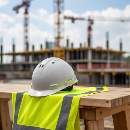 Safety helmet and safety vest on the background of a building under construction