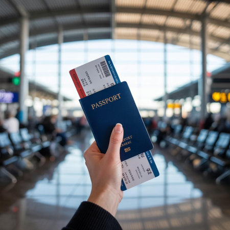 passport with boarding pass in airport terminal, travel and tourism concept