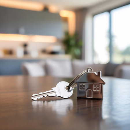 House key with keychain on wooden table in living room. Real estate concept.