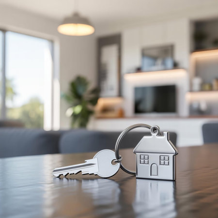 House key with keychain on table in living room. Real estate concept