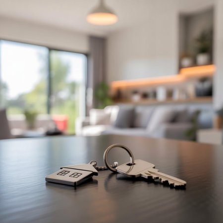 Key with keychain on the table in the modern living room.