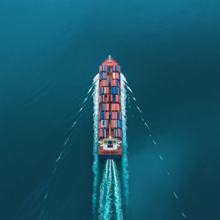 Aerial view of container ship in the sea. Freight transportation concept.