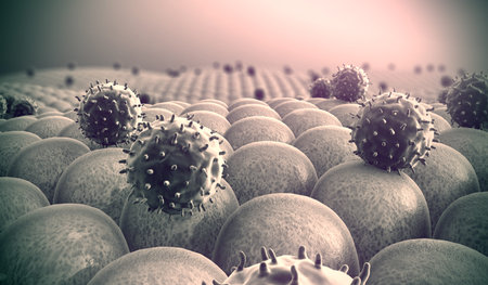 field of cells, viruses attack the cells, action of the human immune system