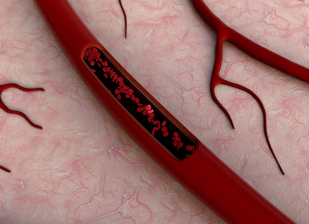 blood vessels, erythrocyte, artery, artery shown with a cut out section, a blood clot in the...
