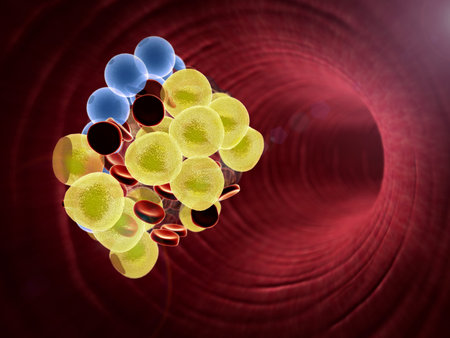 inside the blood vessel, High quality 3d render of blood cells, cholesterol in a blood
