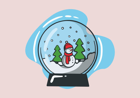 Hand drawn christmas snow globe. New Year' glass snow globe with snowman and presents under tree.のイラスト素材