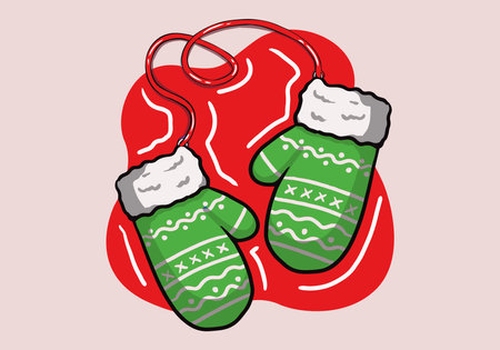 Hand drawn green pair of woolen knitted mittens with zigzag pattern. Cozy winter gloves isolated on background.のイラスト素材