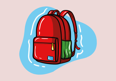Hand drawn red Backpack, school bag. Education and back to school concept.vector icon. Cartoon minimal style.のイラスト素材
