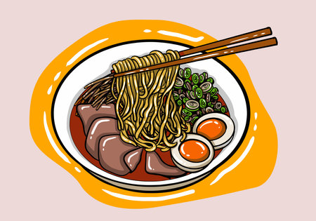 Traditional Japanese ramen and wave for restaurant printing on wallpaper.Ramen vector illustration for doodle art.Sunrise with chopsticks vectorのイラスト素材