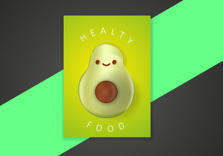 Avocado Character health food poster template. Fruit and Vegetable Cute and realistic Icon Vectorのイラスト素材