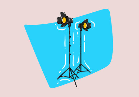 illustration of photo studio reflectors on stand with isolated on background. Studio lights illustration.のイラスト素材