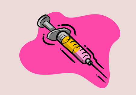 Hand Drawn Vector injection. Applicable to vaccine injection, vaccination illustration. flat icon plastic syringe with needle. vector illustrationのイラスト素材