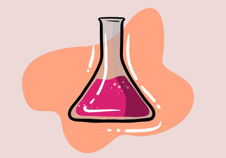 Pink flask liquid icon. Chemical laboratory research. Vector illustration.Hand drawn laboratory science equipment.のイラスト素材