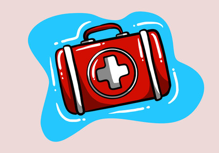 First aid kit, ambulance emergency box, medical help suitcase. Healthcare, emergency concept. Hand Drawn vector icon. Cartoon minimal style.のイラスト素材