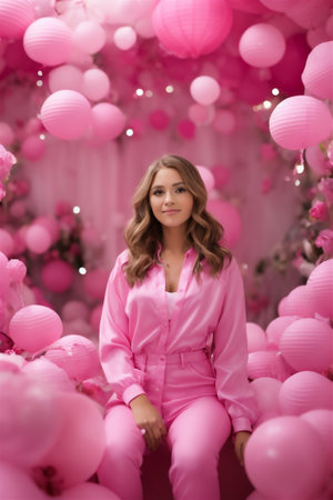 Ai 3D design beautiful woman in pink dress on pink backgroの素材