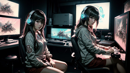Young caucasian woman pro gamer streamer playing in online video game, neon color soft focus.の素材